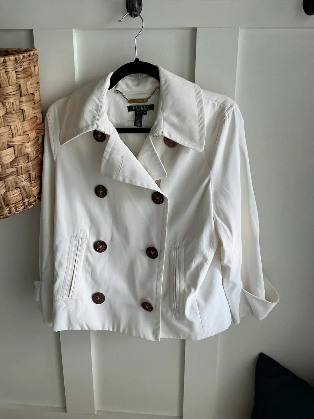 Ralph Lauren White Double-Breasted Peacoat with Brown Buttons - Picture 1 of 4